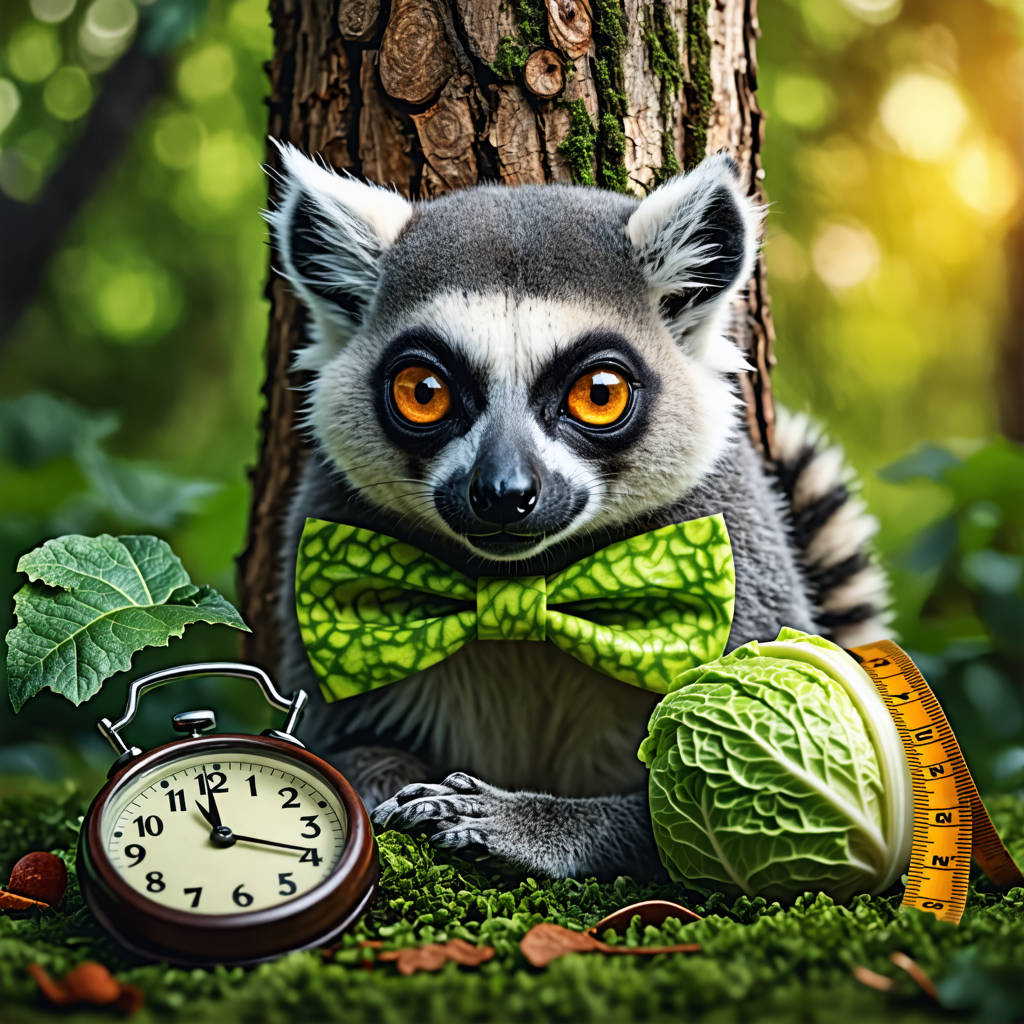 tree, log, halloween, tape measure, bowtie, clock, lemur, green, cabbage